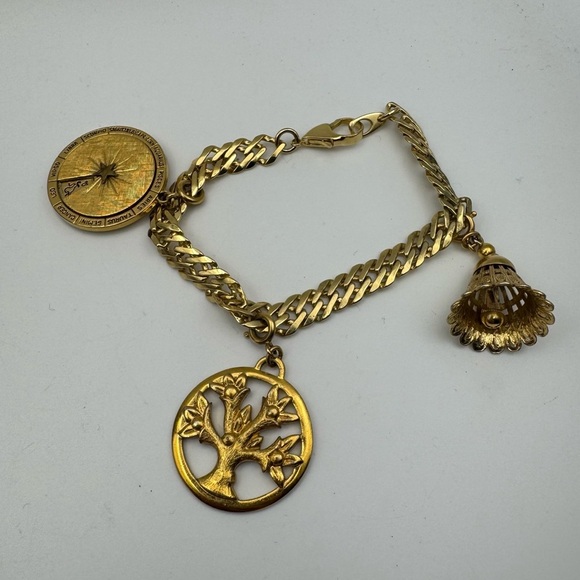 Vintage Charm Bracelet 3 Gold Tone Monet Charms  7.5” Zodiac Bell Tree - Picture 1 of 8